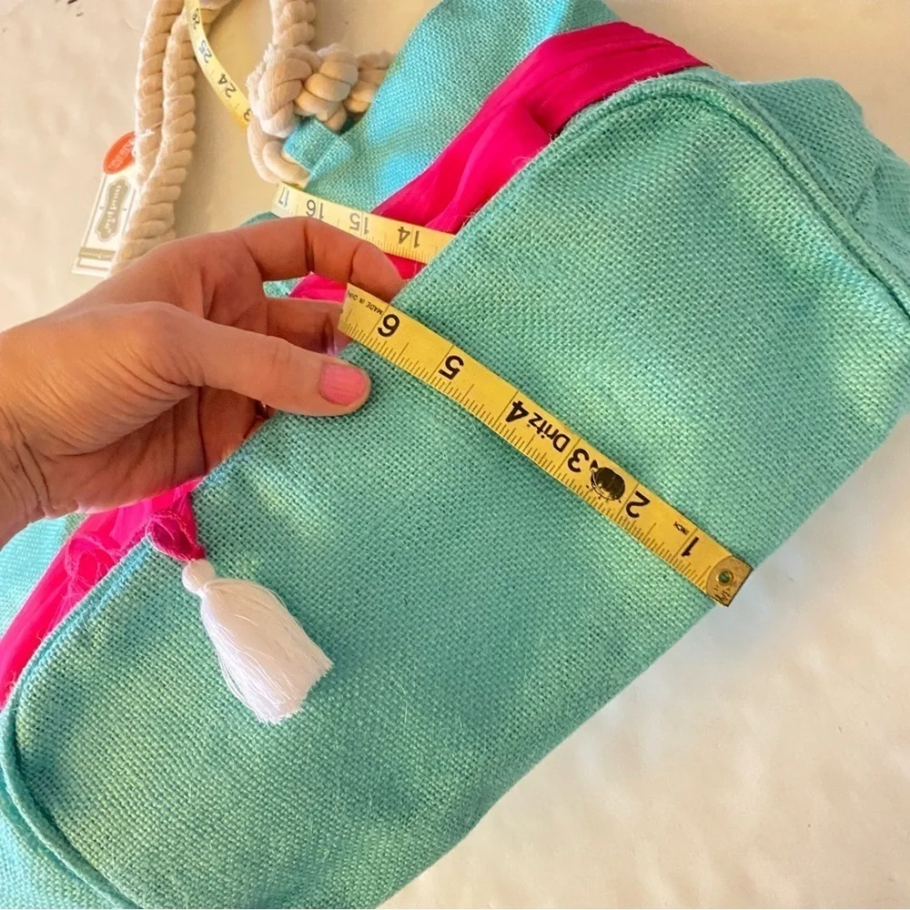 Mud Pie Jute Beach Bag Removable Sarong Turquoise Pink Zip Close 18” x 13” New